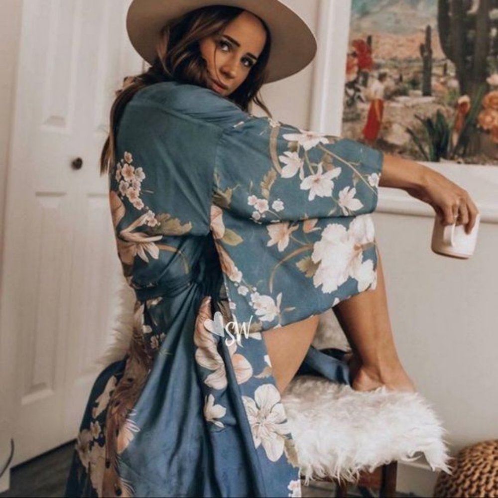 Boho Kimono Floral Bird Print Maxi Gypsy Duster - Picture 2 of 4